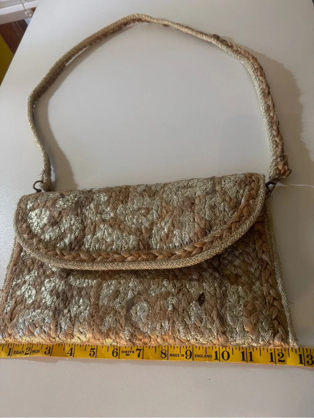 Metallic Gold Jute Raffia Woven Shoulder Bag Boho Beach Purse Made in India